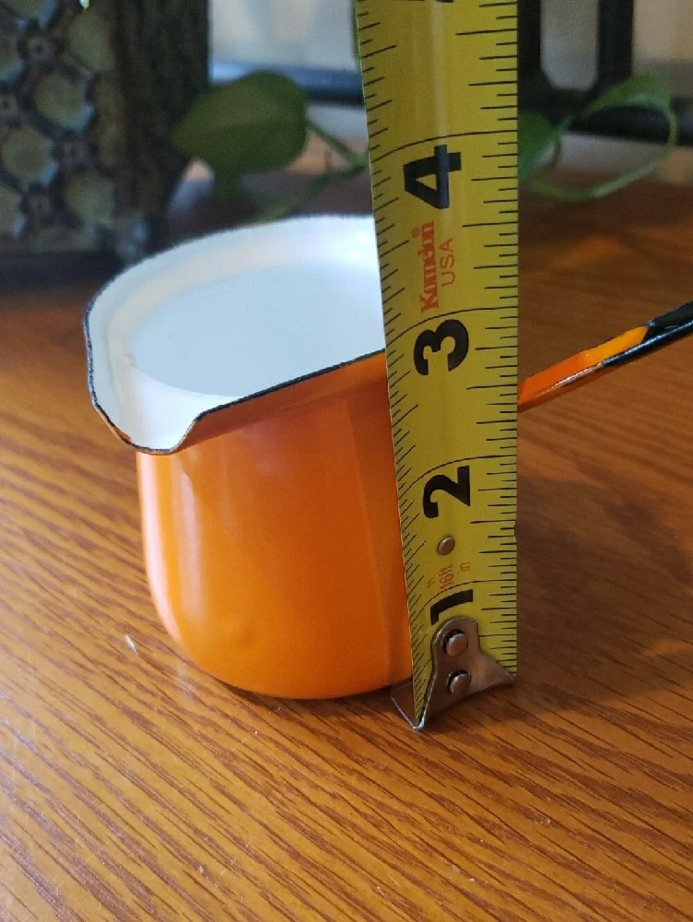 Vtg Bright Orange Enameled Fondue/ Melted Butter Pourer